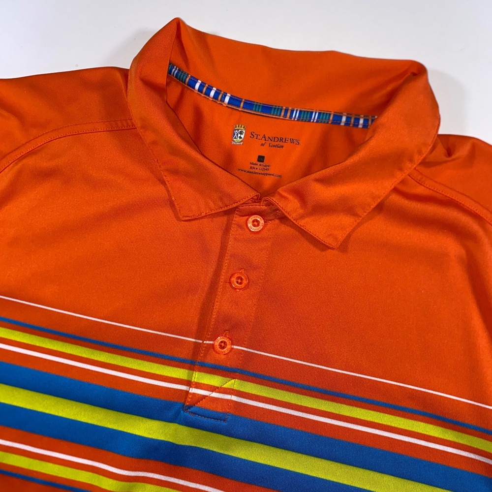 St Andrews of Scotland Mens Orange Striped‎ Performance Golf Polo Shirt Size XL